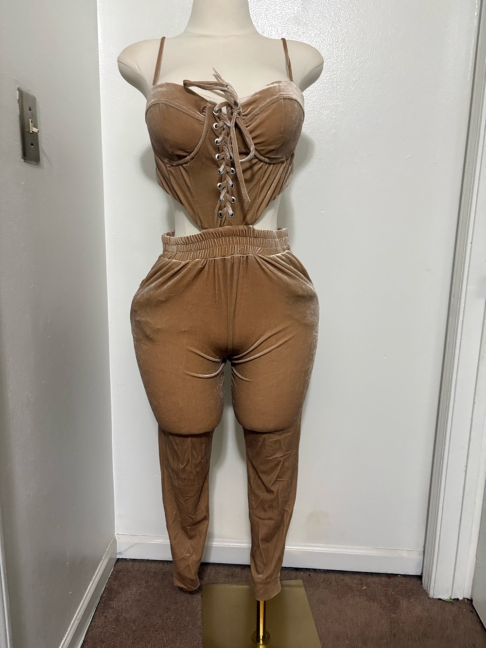 Lace-Up Corset Velvet Jumpsuit in Brown